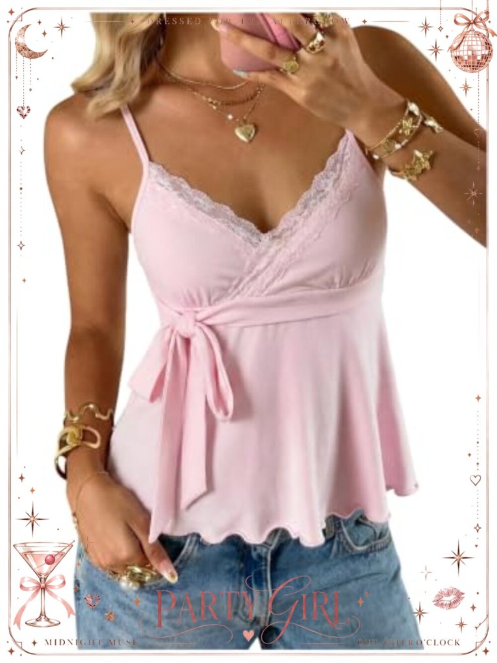 Women's Babydoll Tie Front Crop Wrap Cami Top V-Neck Ruffle Hem